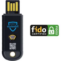 Black Swissbit ishield Key 1.1 FIDO2 USB-A with blue logo, QR code, and FIDO certified label.