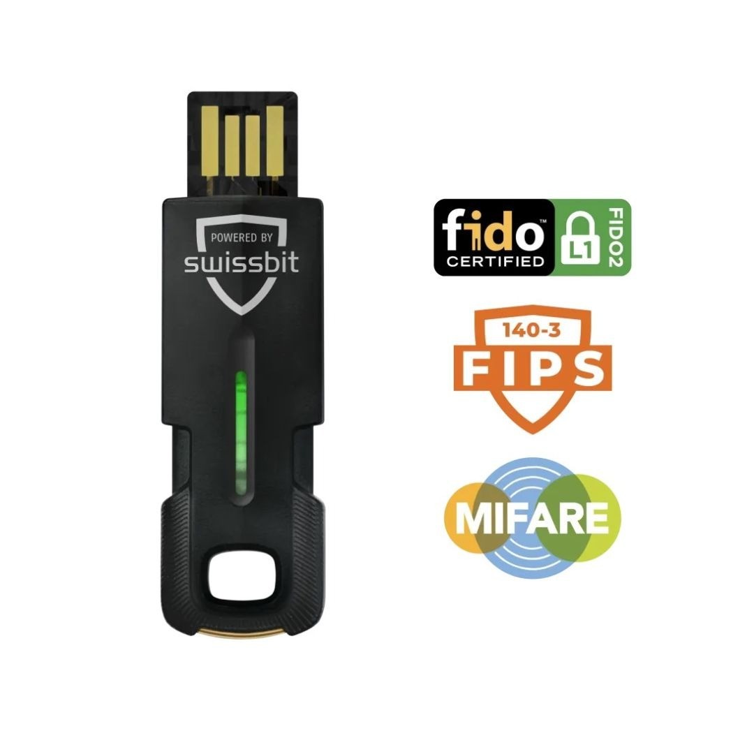 Swissbit Ishield Key 2 Pro USB-A in black with a green LED indicator, featuring FIDO certification logos and MIFARE compatibility on the side.
