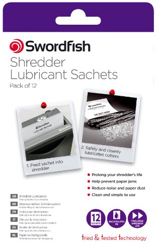 Swordfish Shredder Lubricant Sachets pack contains 12 sachets, featuring a white and purple design with instructions for use and benefits printed on the packaging.
