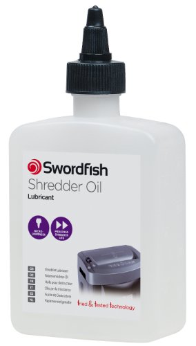 Clear plastic bottle of Swordfish Shredder Oil Lubricant, 350ml, featuring a black nozzle cap, white body, and a label with purple and gray accents, highlighting its use for shredders.