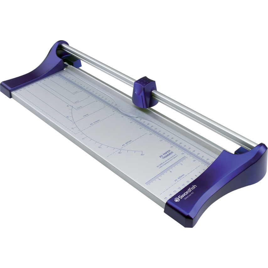 Swordfish SlimLine A3 Trimmer 40261 features a sleek purple plastic frame, a transparent cutting surface with measurement markings, and a silver cutting blade for precise trimming.