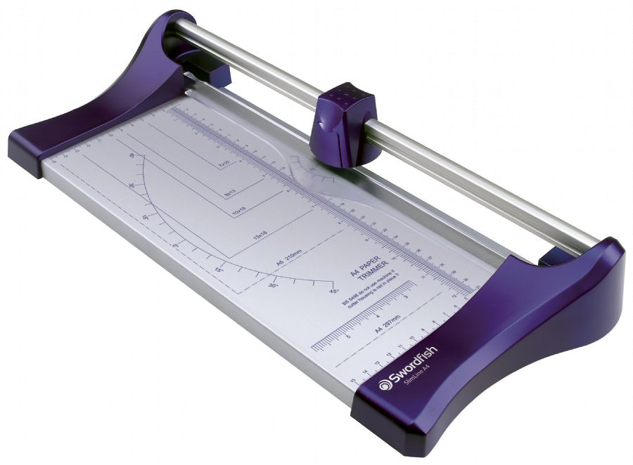 Purple plastic wedge sharpener with a metallic guide bar, featuring measurement markings and a sleek design, suitable for sharpening pencils efficiently.