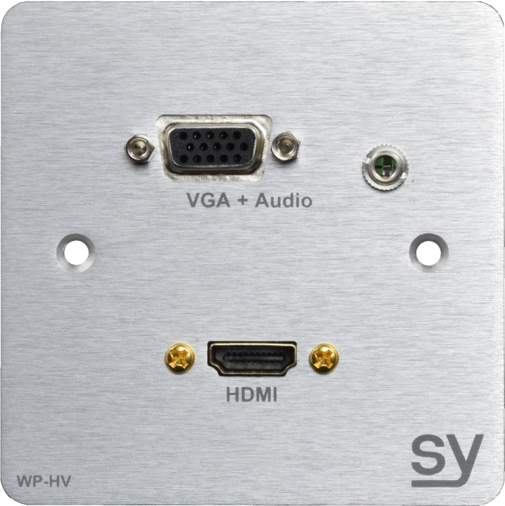 Silver metal wallplate featuring one HDMI port, one VGA port with audio, and a green screw terminal, designed for sleek and efficient connectivity.