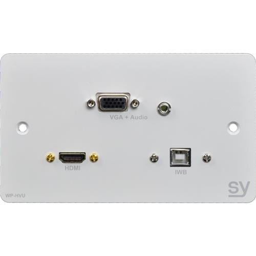 White 2-gang wall plate featuring HDMI, VGA, and USB ports, with gold-plated connectors and labeled audio input, designed for easy installation in various settings.