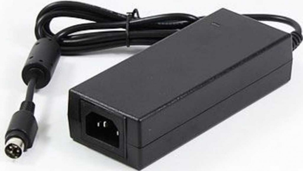 Black 65W power adapter with a rectangular design, featuring a cable and a round connector, suitable for indoor use by Synology.