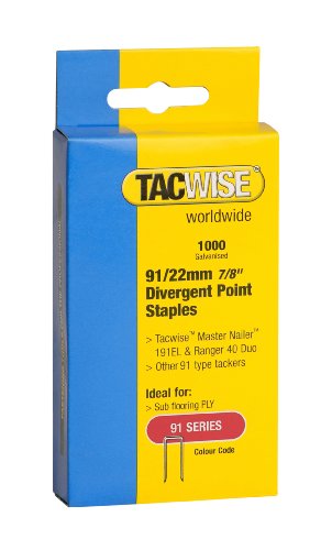 Yellow and blue packaging for Tacwise 0288 91 Narrow Crown Divergent Point Staples, featuring a clear label with product details and a count of 1000 staples, ideal for sub flooring.