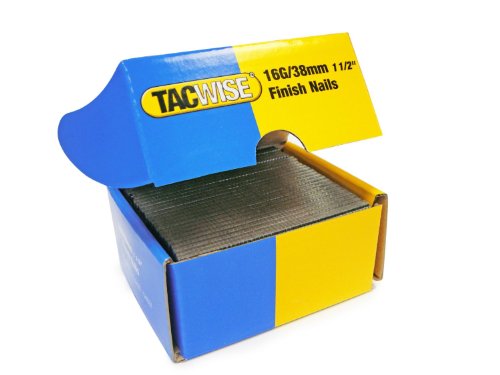 Blue and yellow box of Tacwise 0296 16 Gauge Straight Finish Nails, containing 2500 nails, with a visible label indicating size and gauge.