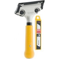 Tajima CLR Scrape Rite scraper with yellow handle, reversible blade, and black blade holder, includes replacement blades.