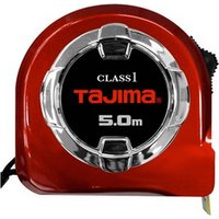 Red Tajima Hi Lock Class 1 tape measure, 5.0m, with chrome accents and black central label.