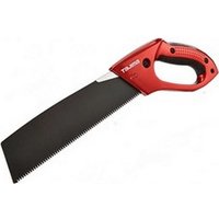 Tajima Japanese pull saw with red closed pistol grip handle and black serrated blade.