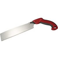 Tajima Japanese pull saw with silver blade and red open pistol grip handle.