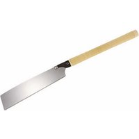 Tajima Japanese pull saw with straight rattan-wrapped handle and sleek silver blade.