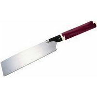 Tajima Japanese pull saw with a short rattan-wrapped straight handle and a sleek silver blade.
