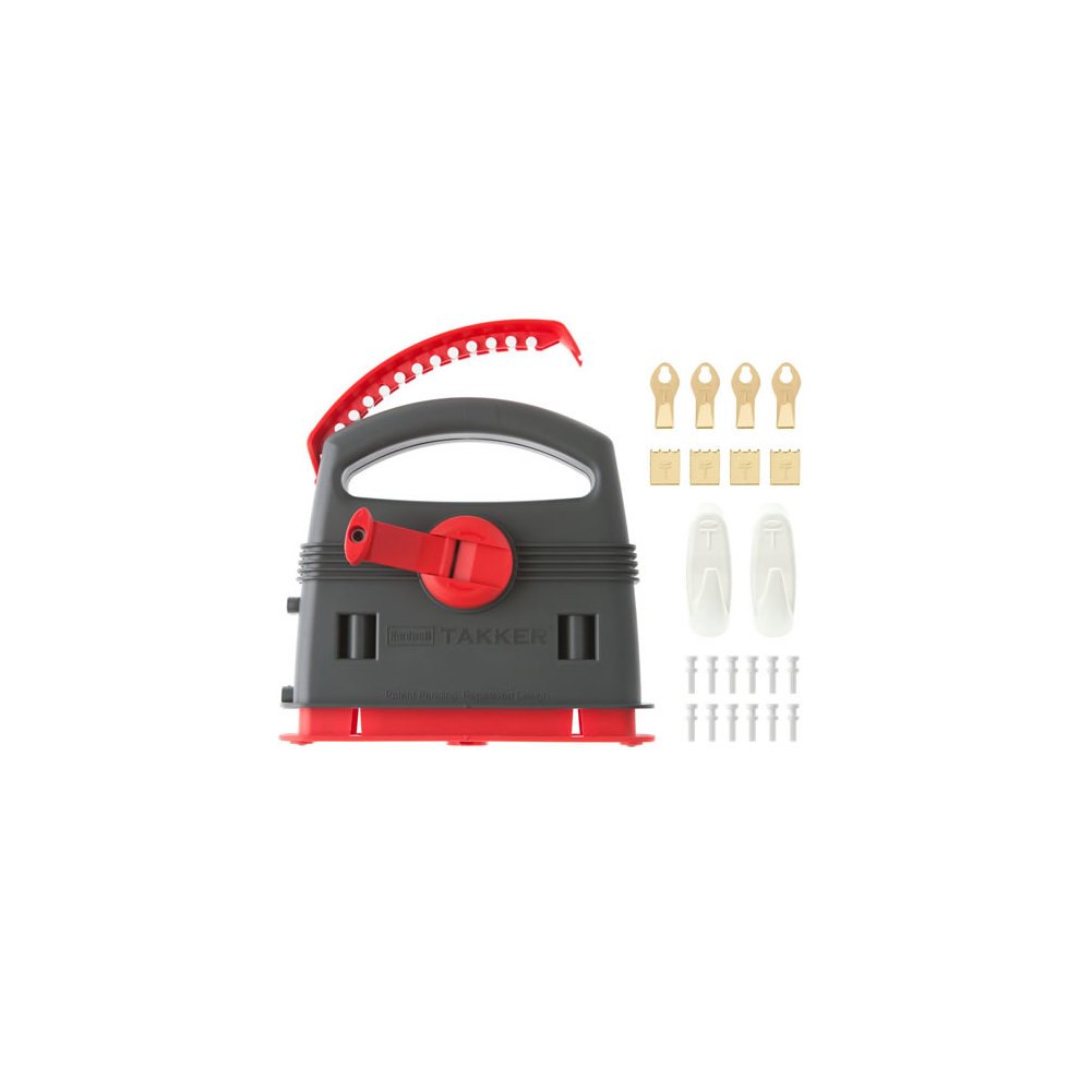 Takker Multi-Purpose Hanging Kit in gray and red plastic, featuring a hand crank, multiple hanging clips, and wall anchors for easy mounting.