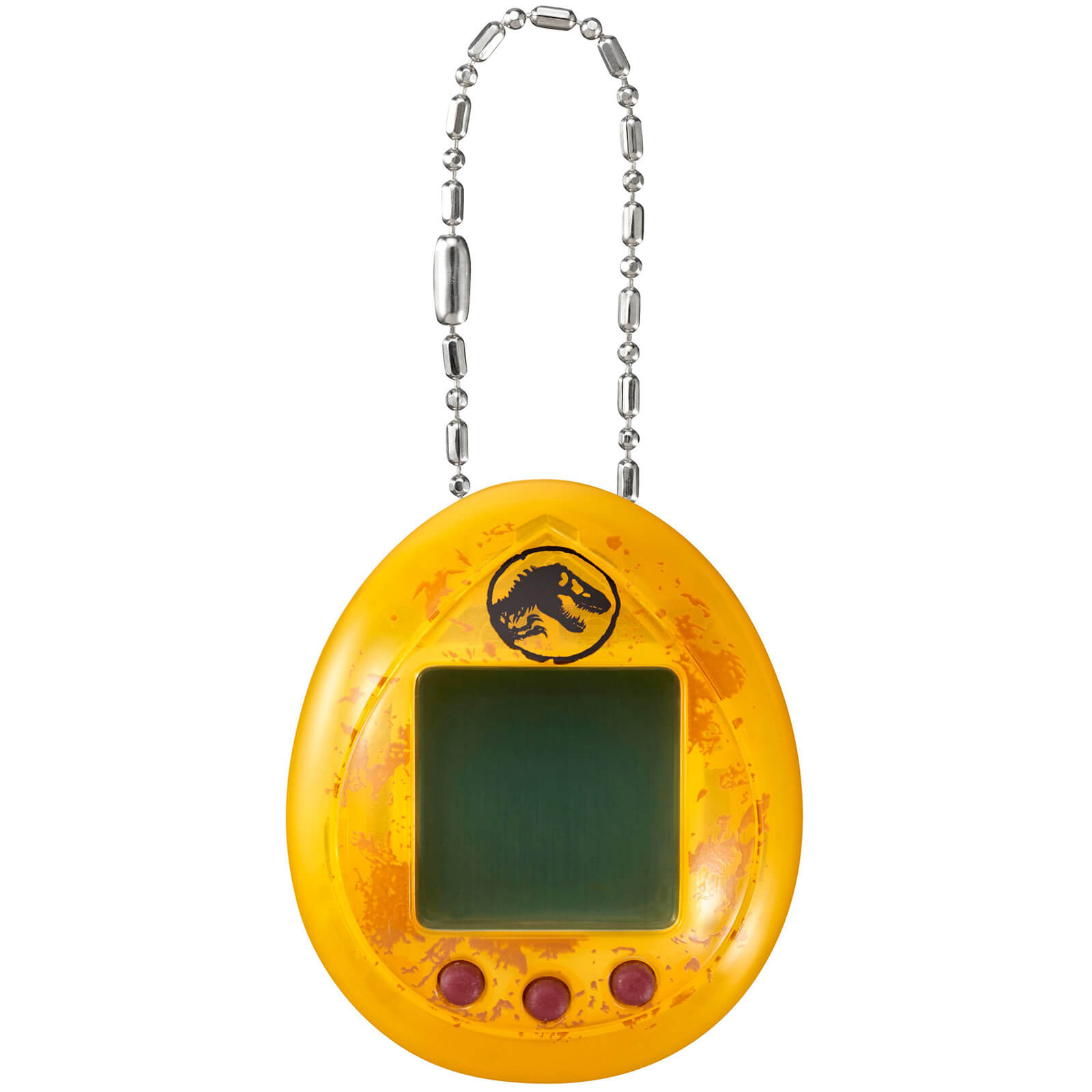 Bright yellow Tamagotchi in an egg shape with a Jurassic World logo, featuring a green screen and two red buttons, attached to a silver chain.