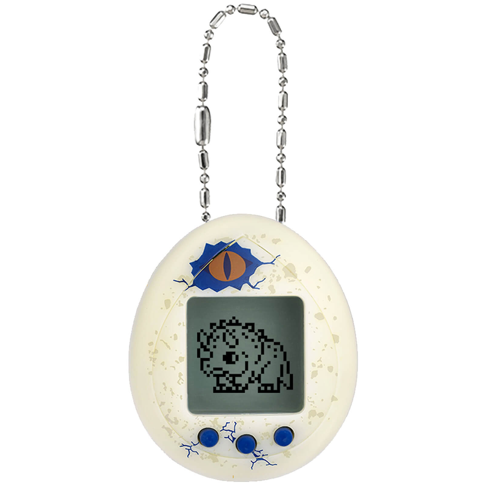 Cream-colored Tamagotchi egg with a blue dinosaur eye design, featuring a black and white LCD screen, two blue buttons, and a silver chain for attachment.