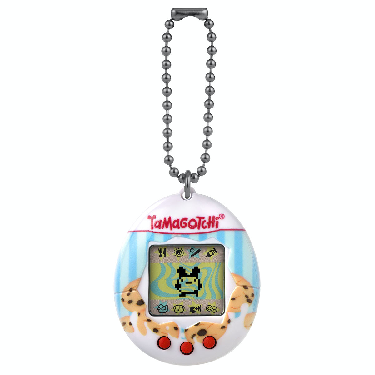 Tamagotchi Original Cookies features a white egg-shaped device with a colorful screen displaying a pixelated character, adorned with playful cookie graphics and a silver chain.