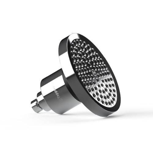 Shiny chrome shower head with a textured, perforated surface, featuring a sleek design and a connector for easy installation, designed to filter over 70 substances for healthier skin.