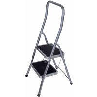 Aluminium step stool with two black treads and a high curved handle.