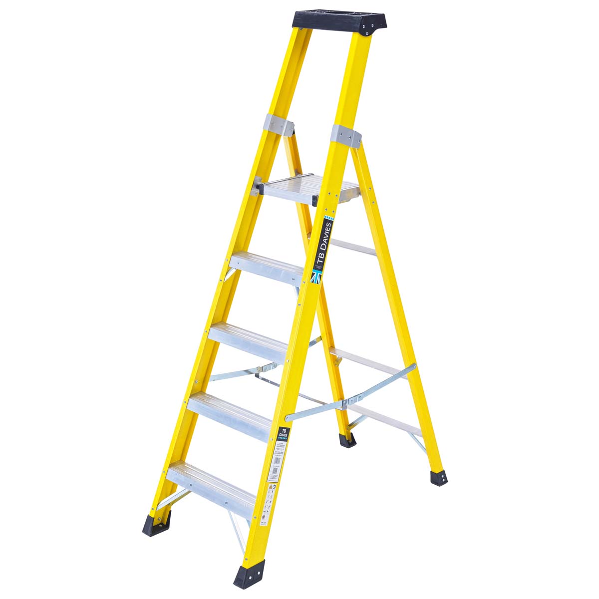 Yellow aluminium and fibreglass scaffolding work platform with five steps, featuring a sturdy design and non-slip feet for safety.