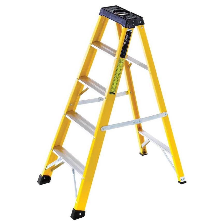 Yellow fibreglass step ladder with five steps, 0.52m platform height, and 2.53m open length, featuring a sturdy design and rubber feet for stability.