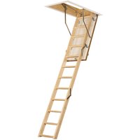 TB Davies Eurofold 2.8m timber loft ladder with folding sections and metal hinges, attached to a ceiling hatch.