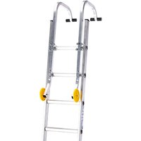 Aluminum ladder roof hook kit with yellow wheels and curved hooks for secure roof attachment.
