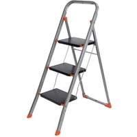 Silver TB Davies 3-tread steel step stool with black steps and orange accents
