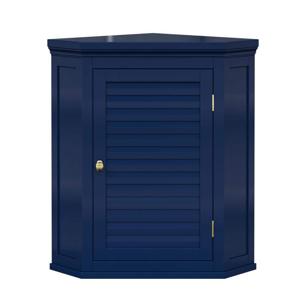 Navy blue wooden corner wall cabinet featuring a removable shutter door, elegant design, and a hexagonal shape, perfect for maximizing space in any room.