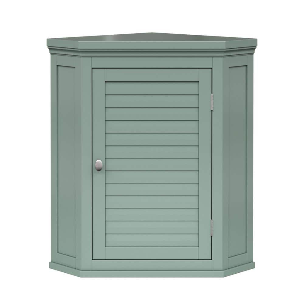 Sage green wooden wall cabinet with a removable shutter door, featuring a corner design and a smooth top surface, ideal for storage and decorative use.