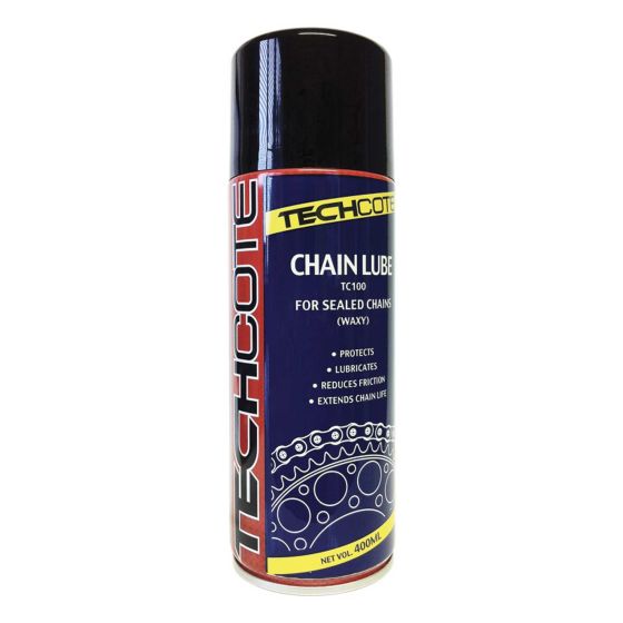 Black spray can with a yellow and blue label, labeled "Tech Cote Chain Lube TC100," designed for sealed chains, featuring a graphic of a bicycle chain and a 400ml volume indication.