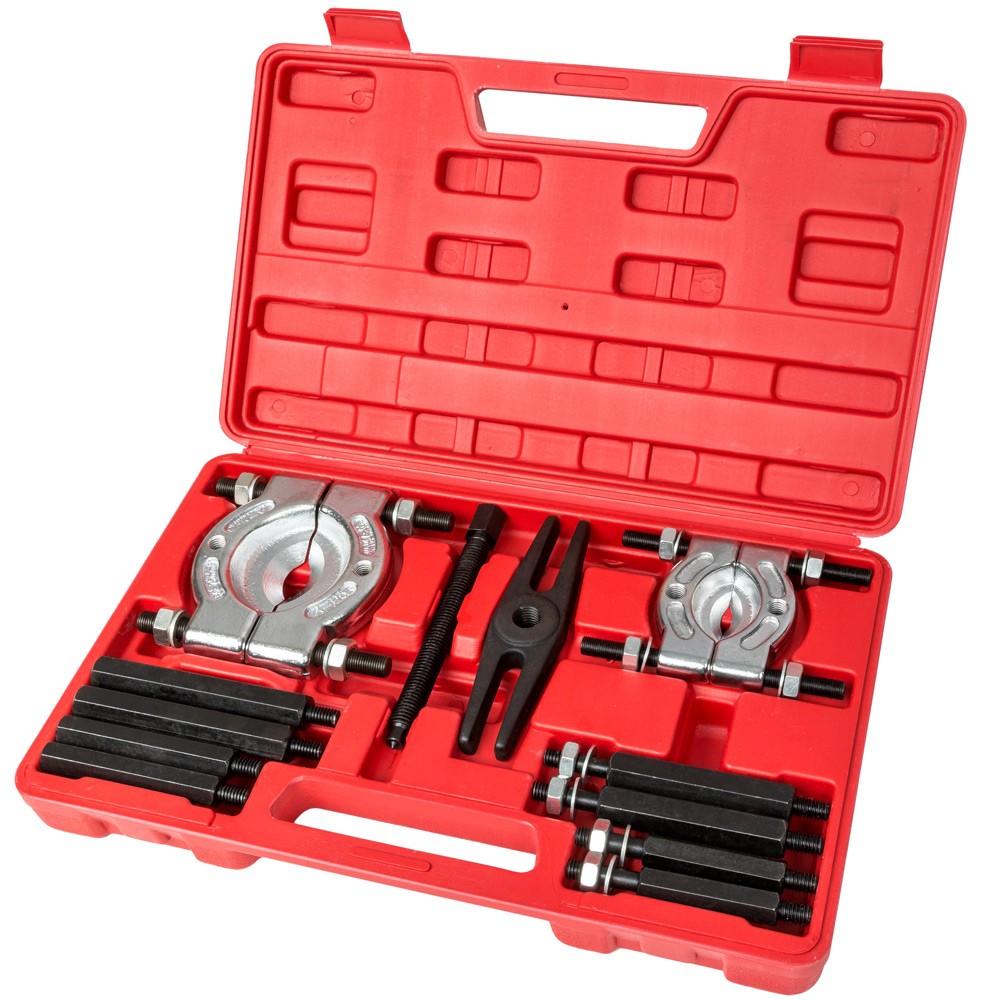 Red plastic case containing a 12-piece bearing puller set, featuring two pullers and multiple black metal bolts arranged neatly inside.