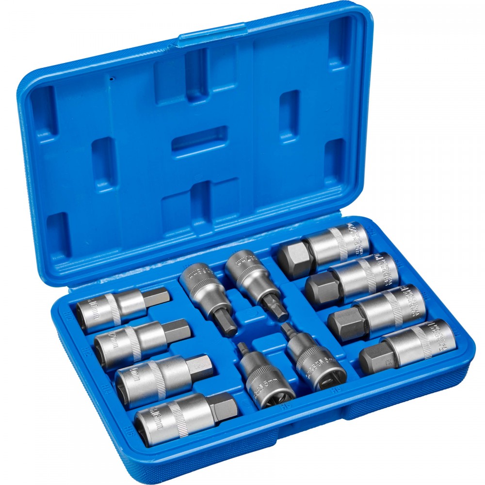 A blue plastic case containing a 12-piece socket set with internal hex attachments, featuring shiny metal sockets and labeled sizes for easy identification.