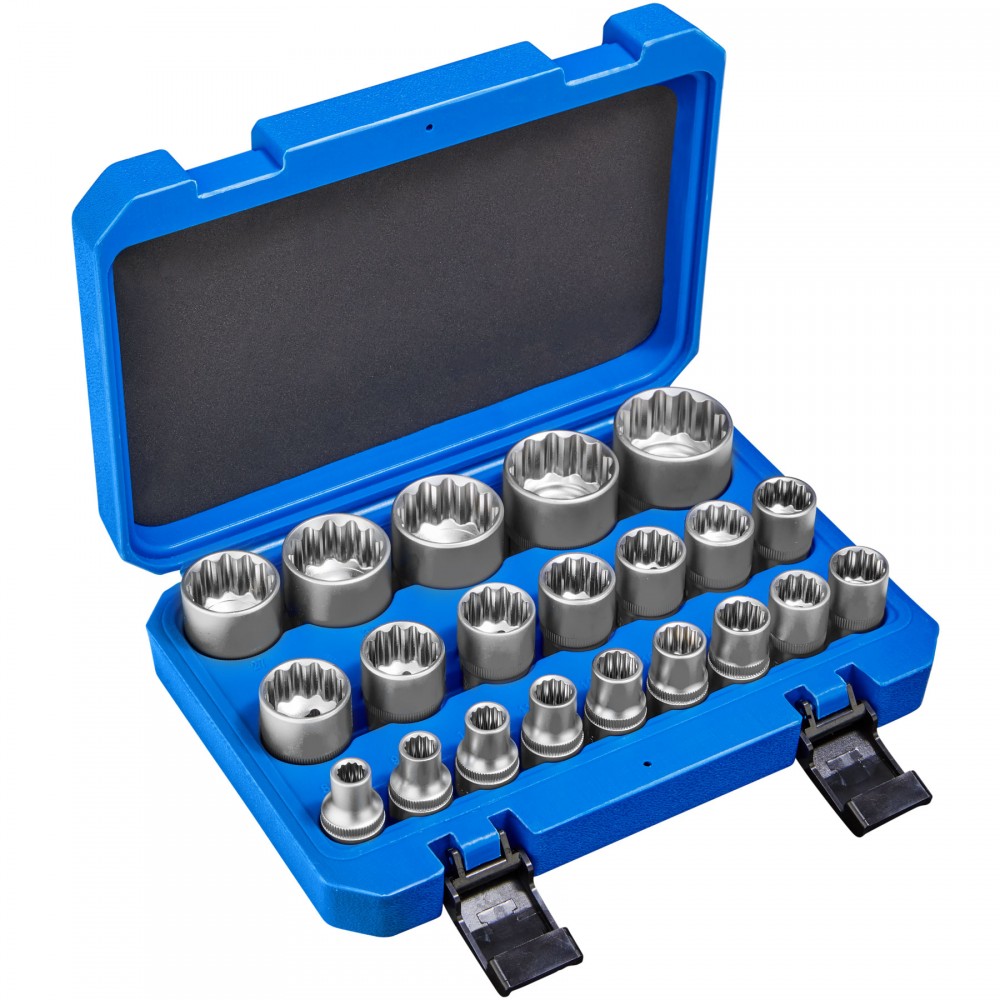 Blue plastic case containing a 21-piece external multi-tooth socket set, featuring shiny metal sockets of various sizes arranged neatly inside.