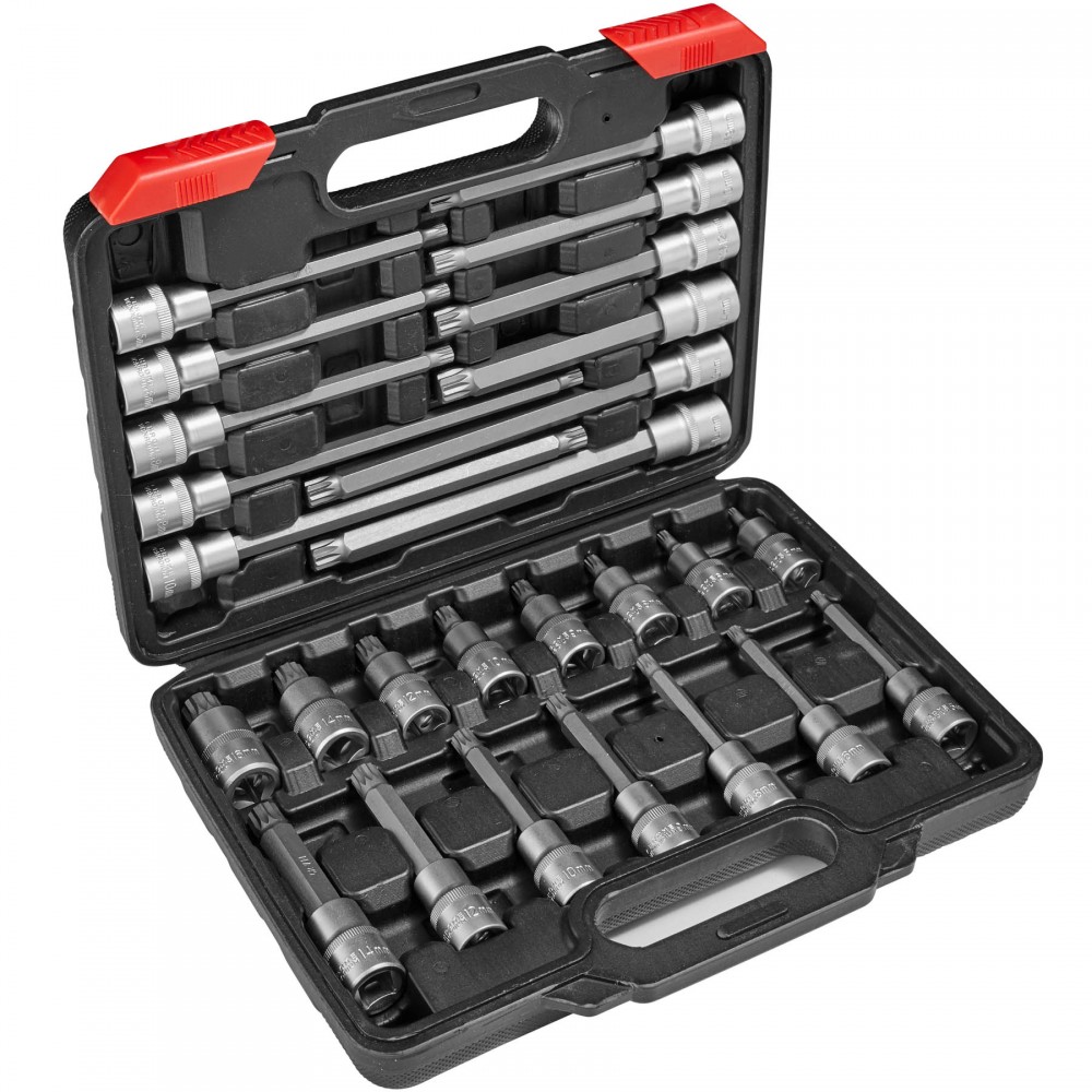 26-piece multi-tooth socket set in a black plastic case with red accents, featuring various long and short sockets and extension bars for versatile use.