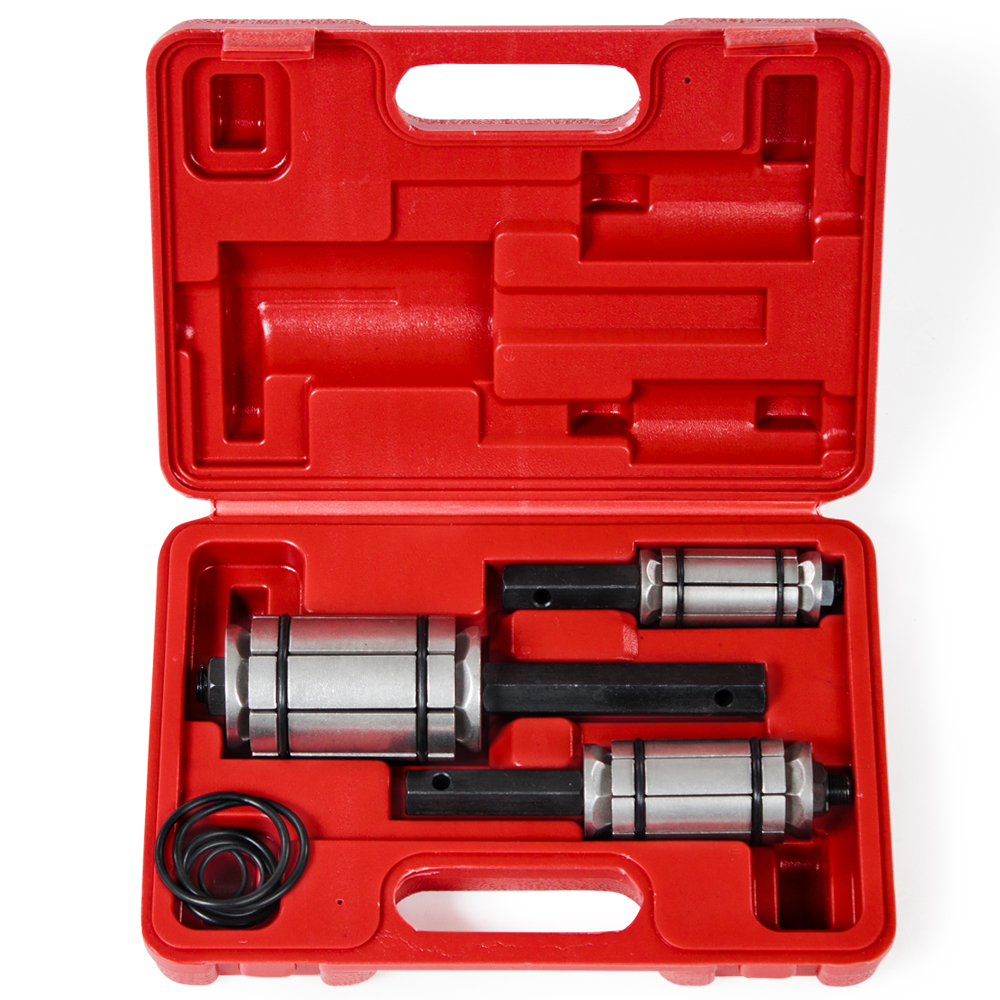 Red carrying case containing a Tectake exhaust pipe expander set, featuring three metallic expanders with black handles and an additional rubber O-ring.