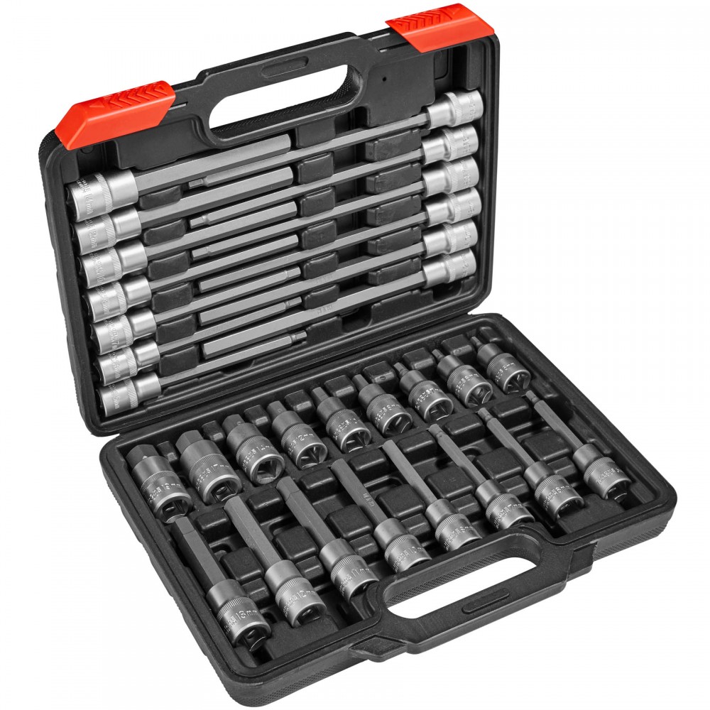 30-piece socket set featuring long and short internal hex sockets in a durable black case with red accents, organized for easy access and storage.