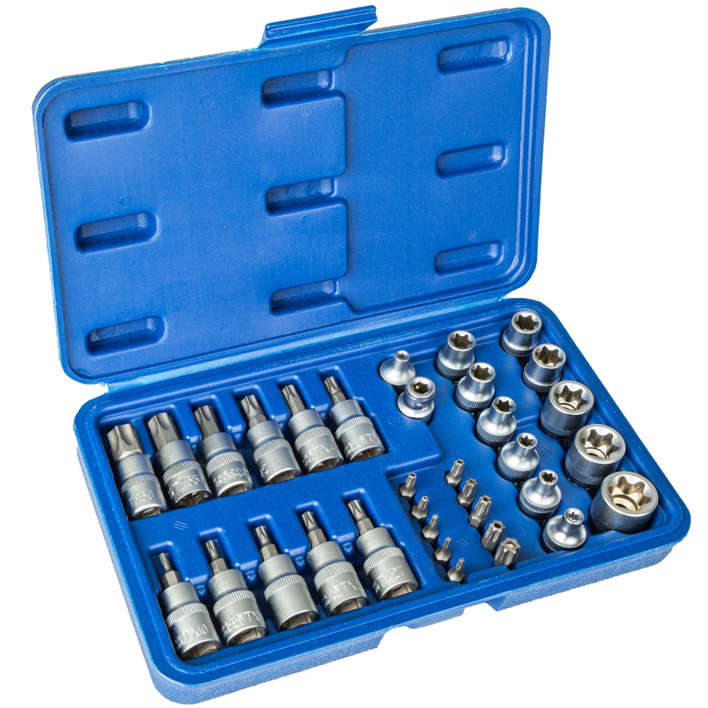 Blue plastic case containing 34 metallic socket pieces, including various sizes and shapes, with a secure closure and organized layout for easy access.