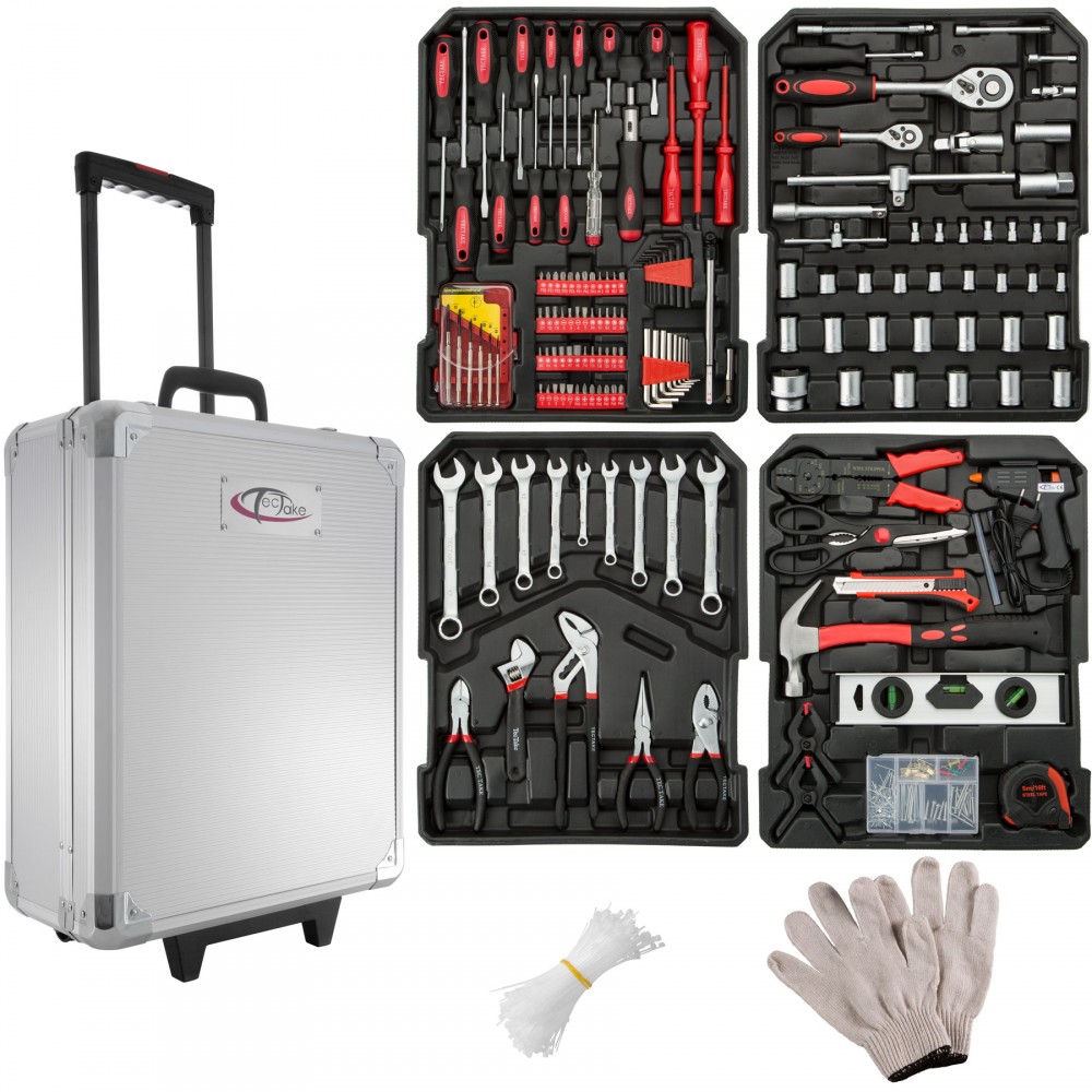 Silver aluminum tool box trolley with a retractable handle, containing 599 pieces of various tools including wrenches, pliers, and screwdrivers, neatly organized in black foam inserts.