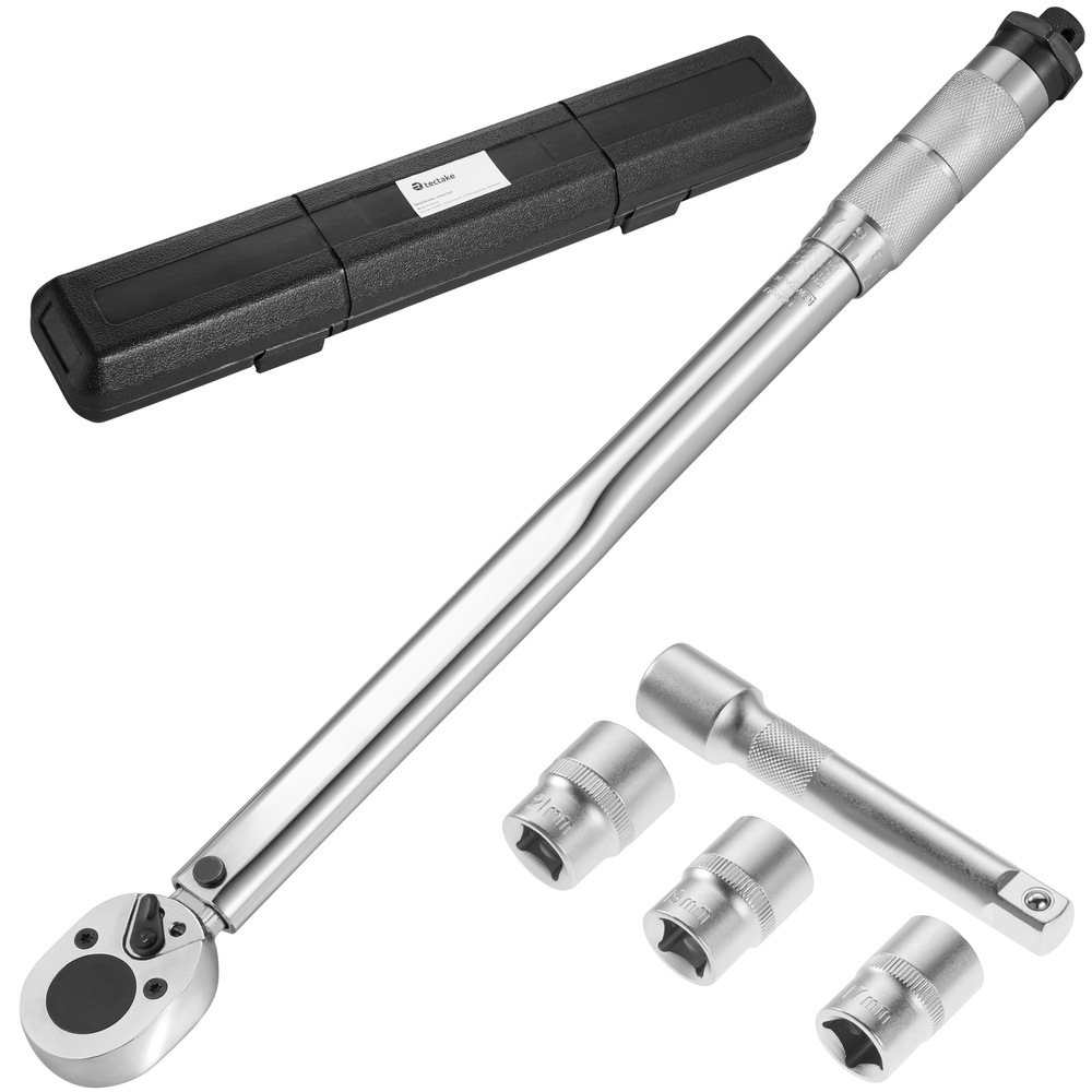 Silver Tectake 5-piece torque wrench set featuring a long wrench with a textured grip, three socket sizes, and a sturdy black carrying case.