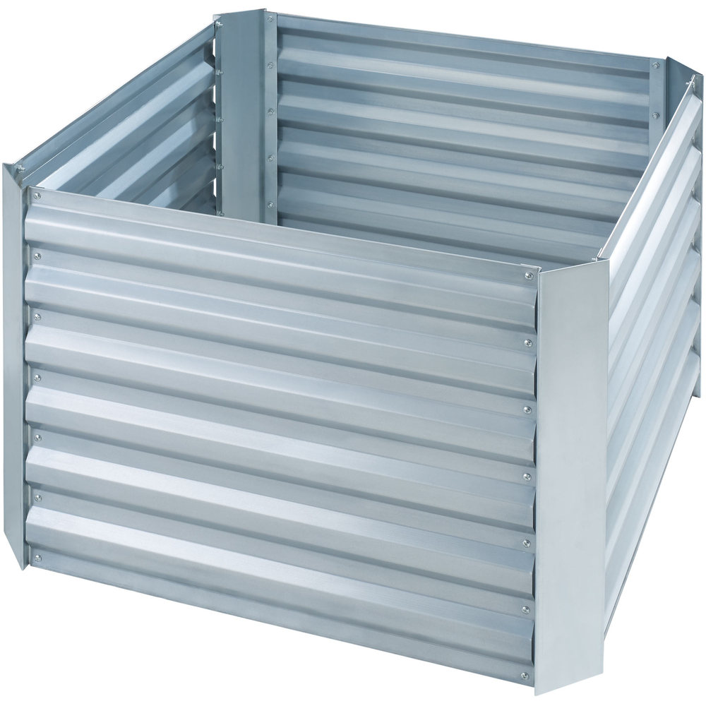 Grey zinc-plated raised bed with a square design, measuring 80x80x57 cm, featuring corrugated metal sides and sturdy construction for gardening use.