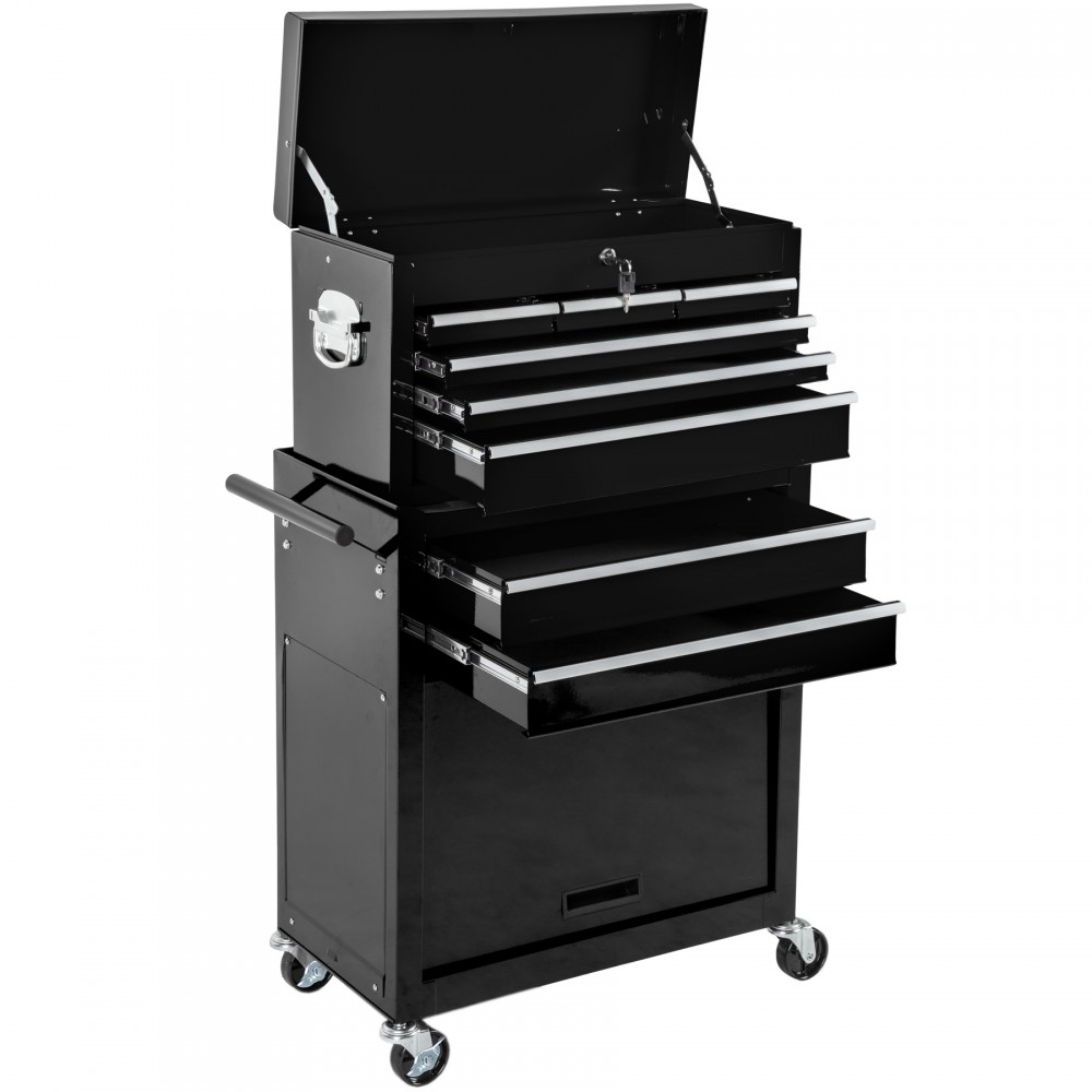Black metal tool chest on wheels featuring eight drawers with silver handles, a top lid, and a sturdy design for easy mobility and organization.