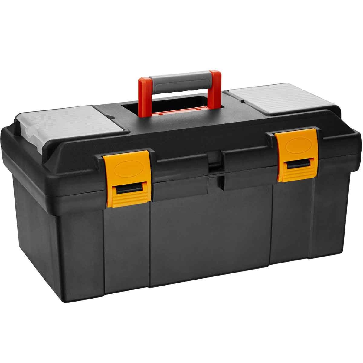 Black plastic tool box with a red handle, yellow latches, and two removable gray storage trays on top, measuring 28 cm in length.