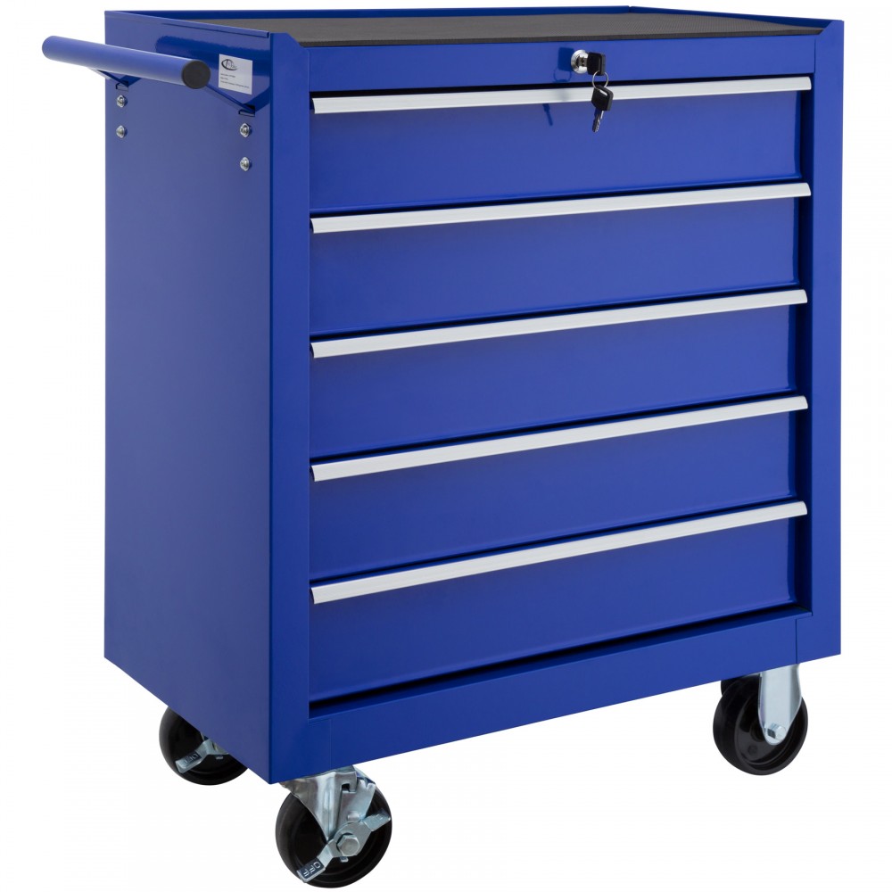Blue metal tool chest with five drawers, silver handles, a lockable top drawer, and four swivel wheels for easy mobility.