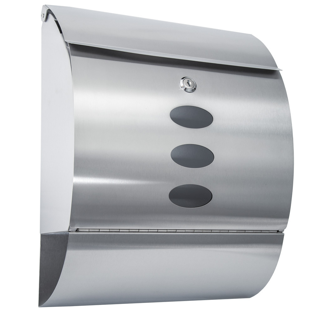 Silver stainless steel post box with a curved design, large slot for letters, and a compartment for newspapers, measuring 300 x 120 x 395mm, featuring three circular cutouts.