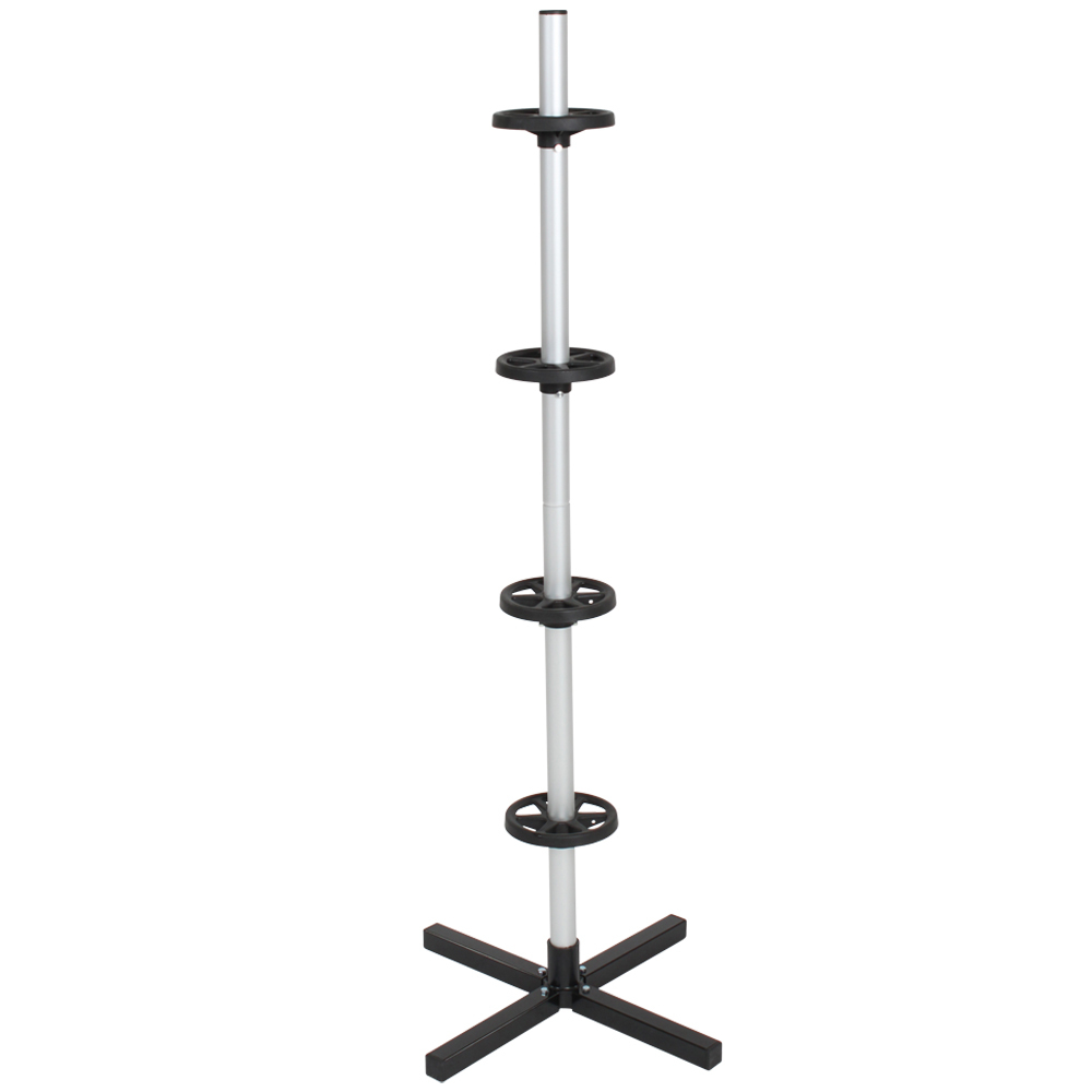 Grey Tectake Tyre Tree, 50cm tall, features a sturdy black base with a vertical silver pole and four circular black holders for storing tires.