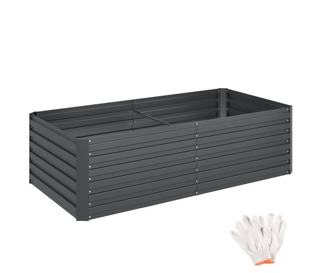 Galvanised grey raised garden bed measuring 200x100x56 cm with an 1100 litre capacity, featuring slatted sides and accompanied by a pair of white gardening gloves.