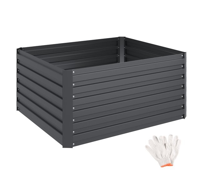Galvanised grey raised garden bed with a 650-litre capacity, measuring 120x100x56 cm, featuring slatted sides and accompanied by a pair of white gardening gloves.