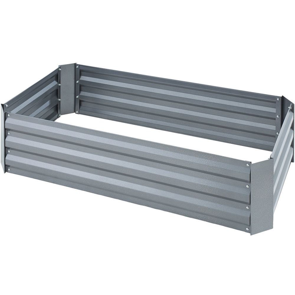 Zinc-plated raised garden bed in grey, featuring a rectangular shape with ribbed sides and sturdy corner joints, designed for outdoor planting and gardening.