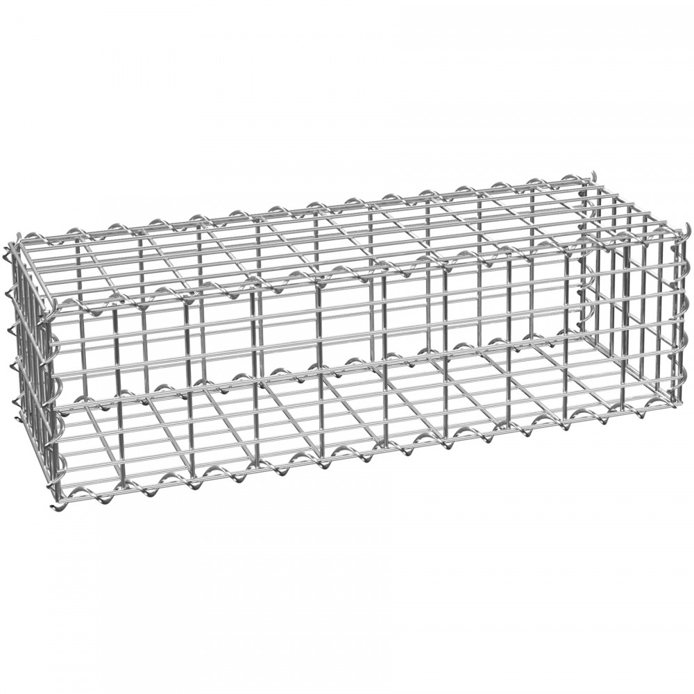 Grey gabion basket measuring 5x10 cm, made of durable metal wire, featuring a rectangular shape with a grid structure for filling with stones or soil.